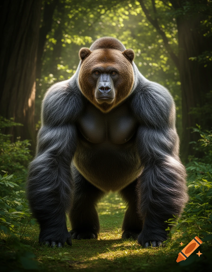 A muscular bear-gorilla hybrid stands in a sunlit forest, looking forward in a photorealistic style.