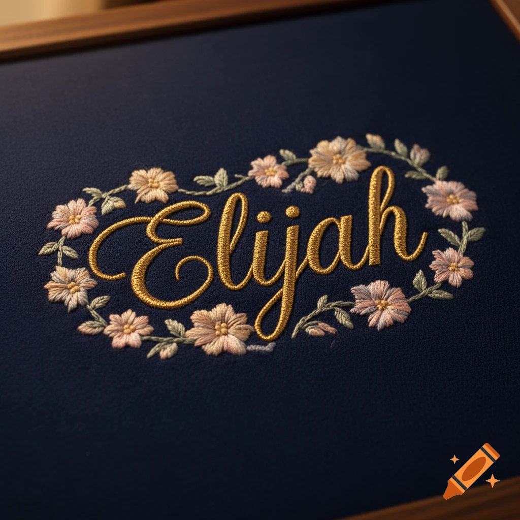 A gold embroidered name "Elijah" in cursive, surrounded by a delicate floral wreath on dark blue fabric.