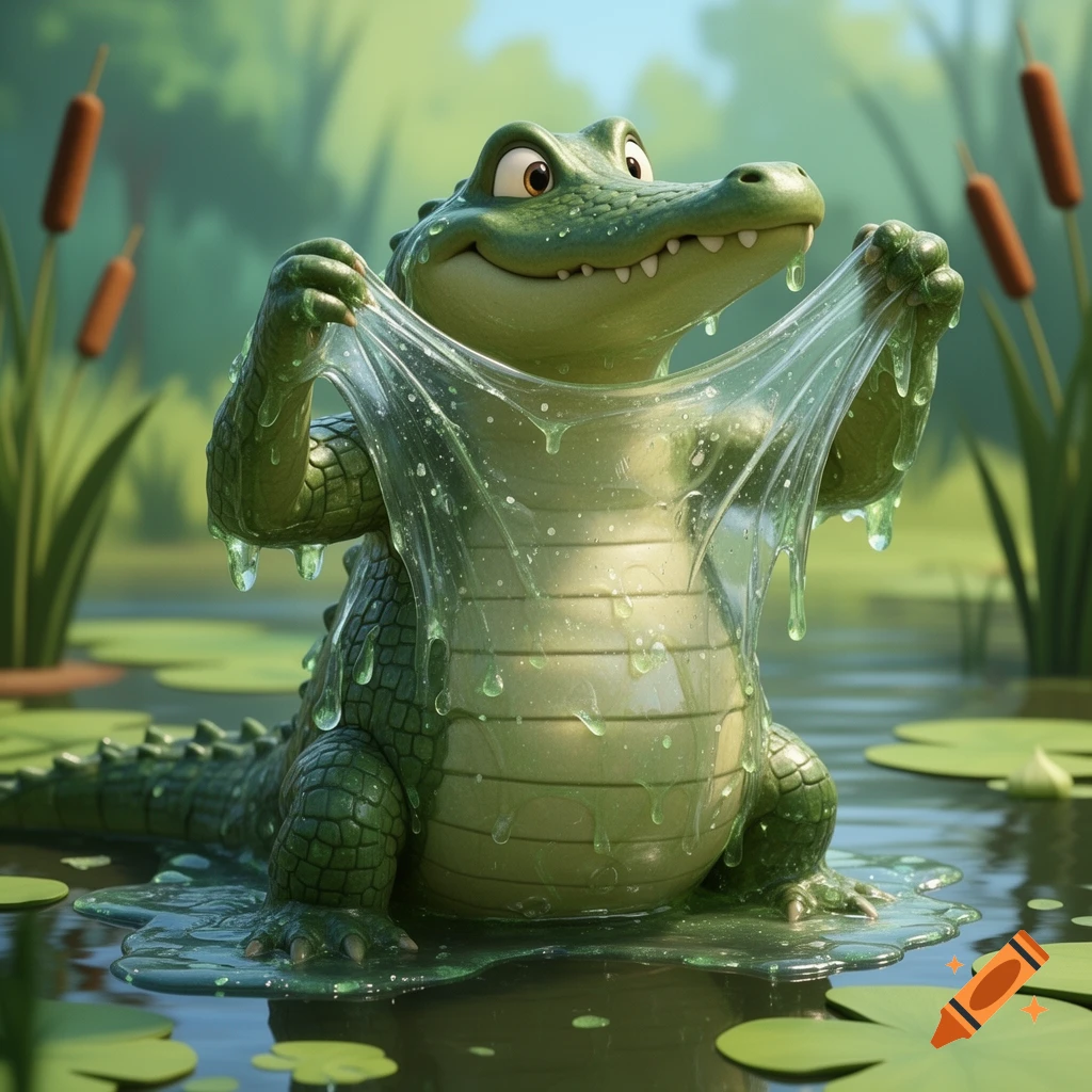 A cartoon alligator in a swamp pulls at a thick, clear, stretchy slime covering its body, depicted in a 90s Disney Afternoon style.