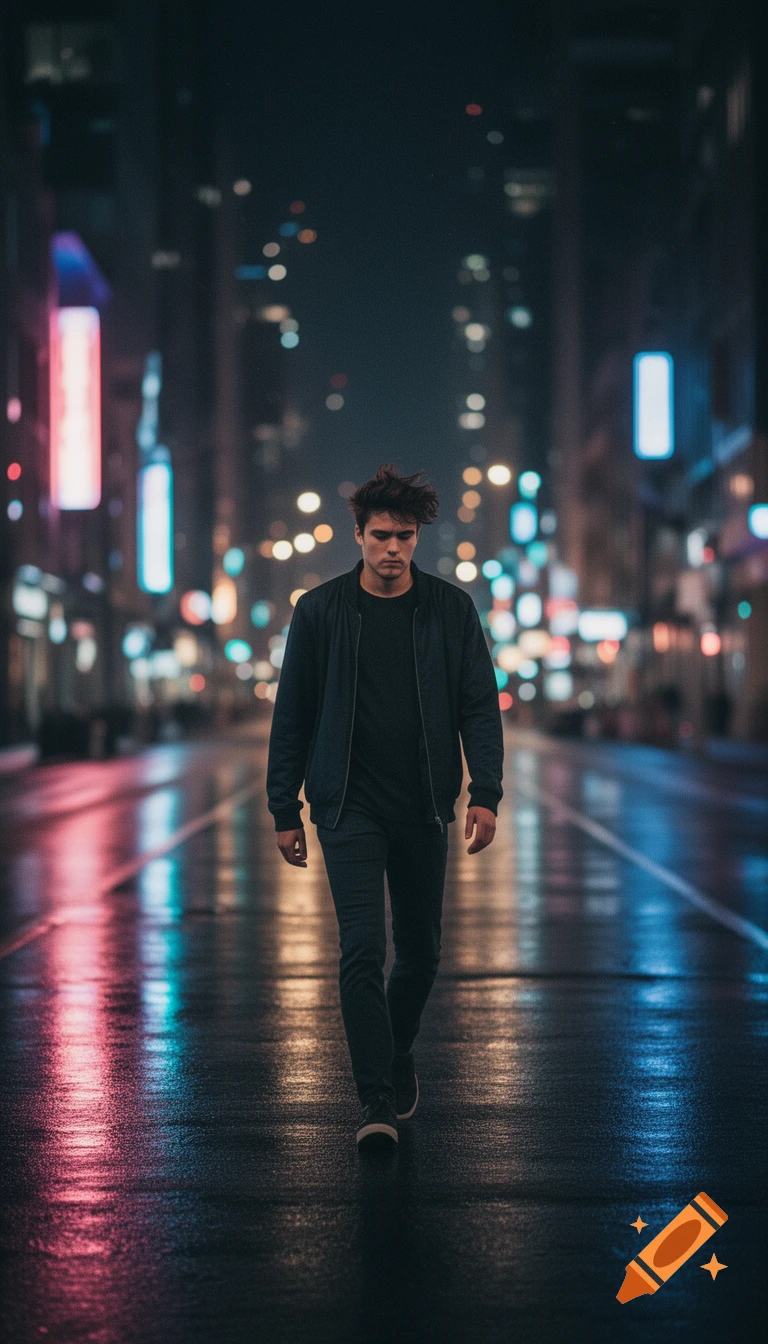 A young man walks alone down a wet city street at night, reflecting colorful neon lights. Moody, cinematic photorealistic.