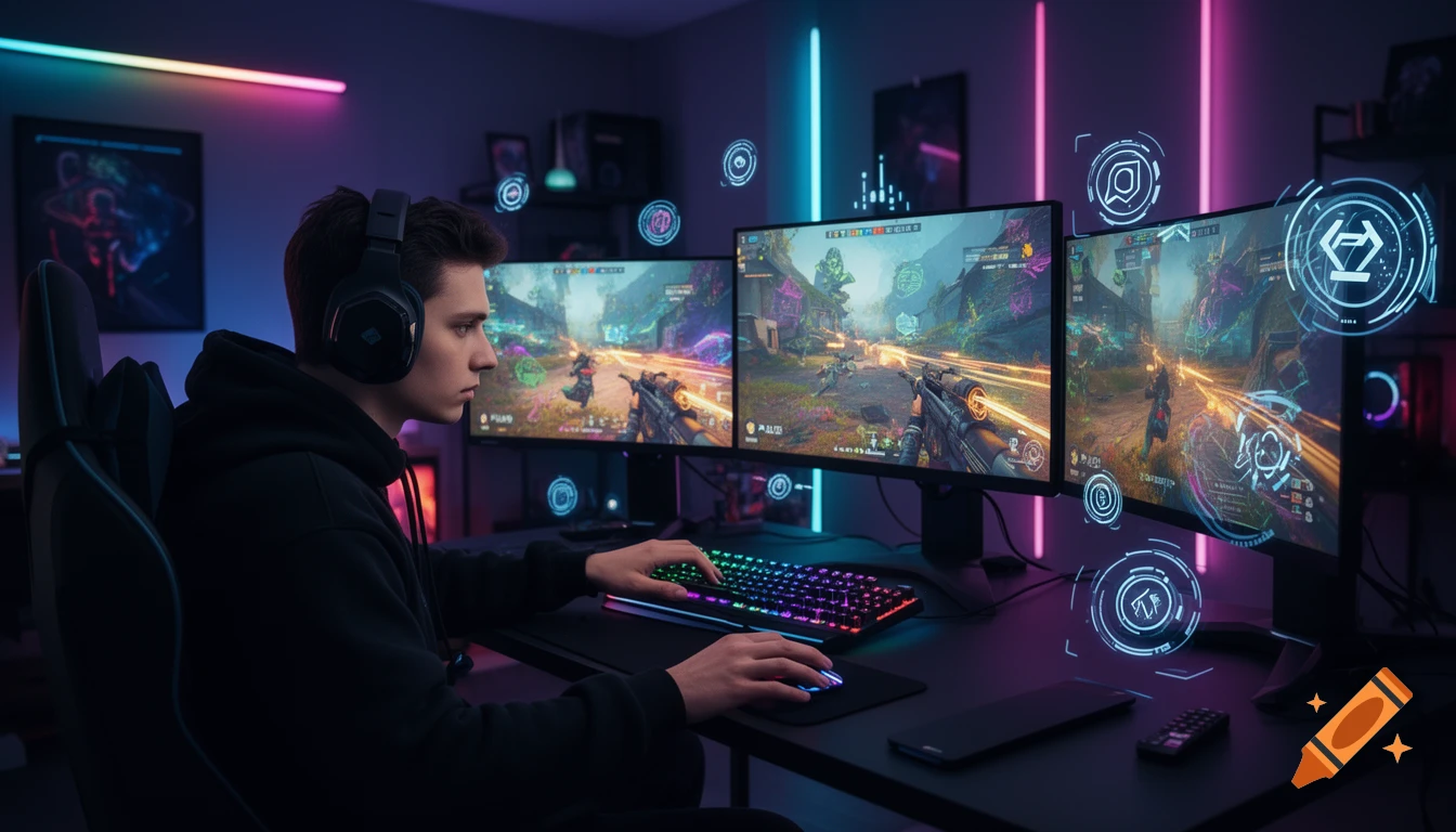Young man in headphones playing a vibrant shooting video game on a multi-monitor setup in a neon-lit room.