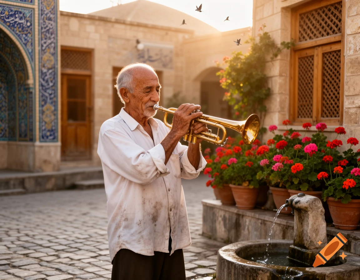 An old man with a white shirt plays a trumpet on a cobblestone street with traditional Iranian buildings, flowers, and birds at sunset.