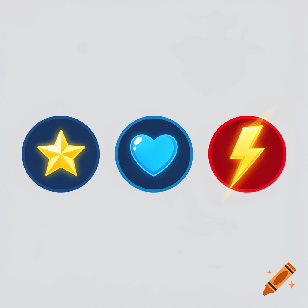 Three stylized game icons: a gold star, a blue heart, and a red circle with a yellow lightning bolt, on a grey background.