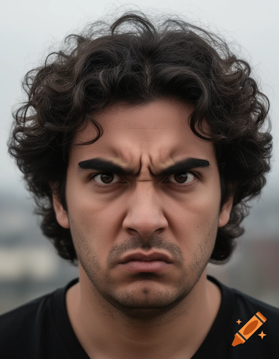 A close-up photorealistic portrait of an angry man with dark, curly hair and thick, prominent eyebrows.