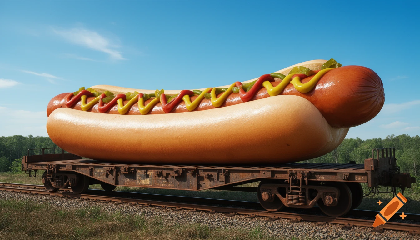 A massive hotdog with mustard, ketchup, and relish lies on a railway flatbed wagon under a bright blue sky, surrounded by trees. Photorealistic.