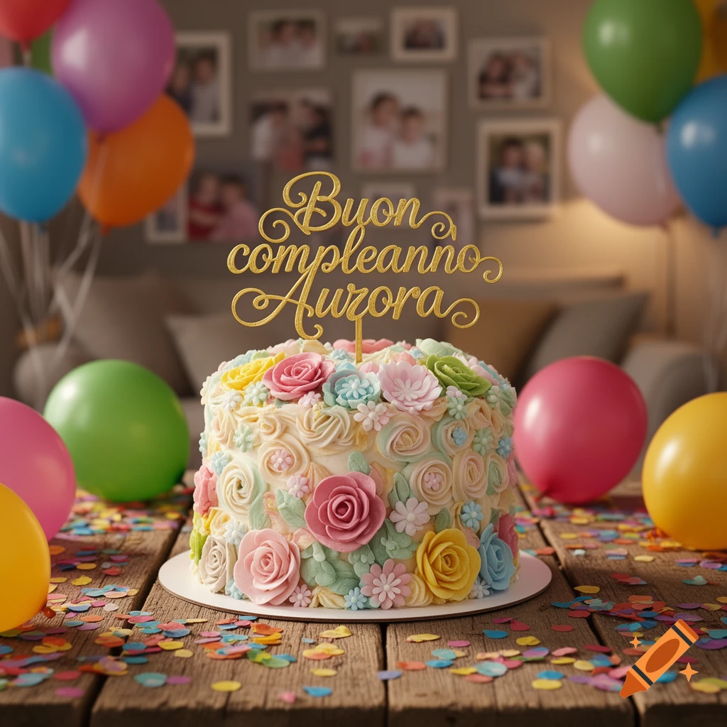 A vibrant birthday cake adorned with pastel icing flowers, a 'Buon compleanno Aurora' topper, surrounded by colorful balloons and confetti on a wooden table.