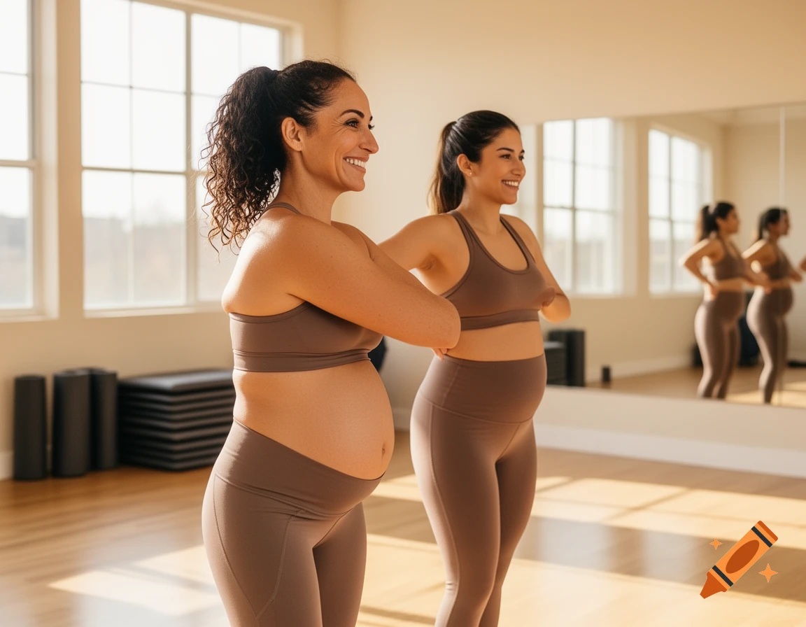 Two smiling pregnant women in sports bras and leggings stand in a bright workout studio.