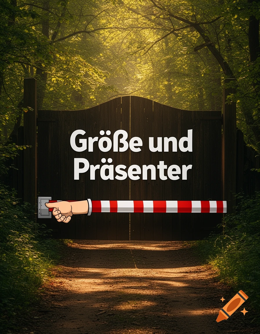 A wooden gate on a sunlit forest path with the German text "Größe und Präsenter" and a cartoon hand holding a striped barrier.