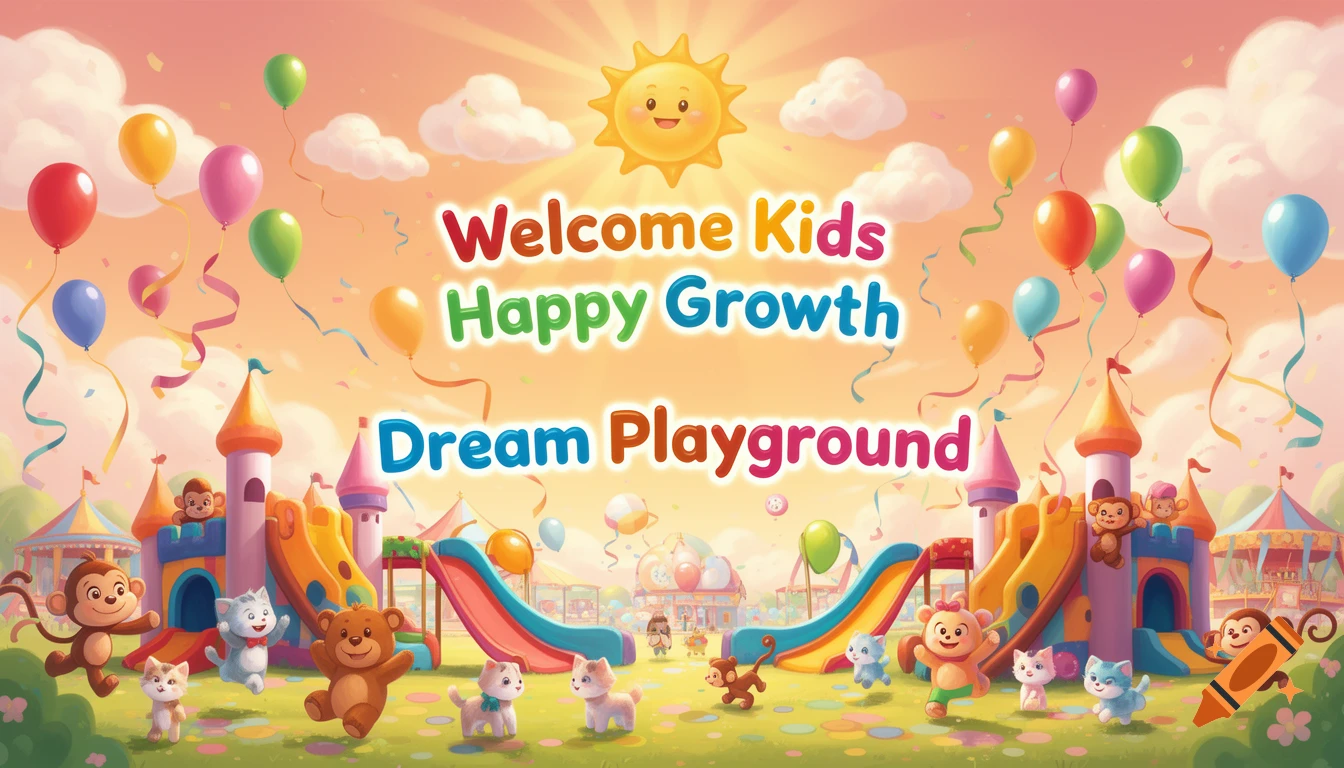 Colorful cartoon banner for a children's amusement park with 'Welcome Kids Happy Growth Dream Playground', featuring castles, slides, balloons, and cheerful cartoon animals.