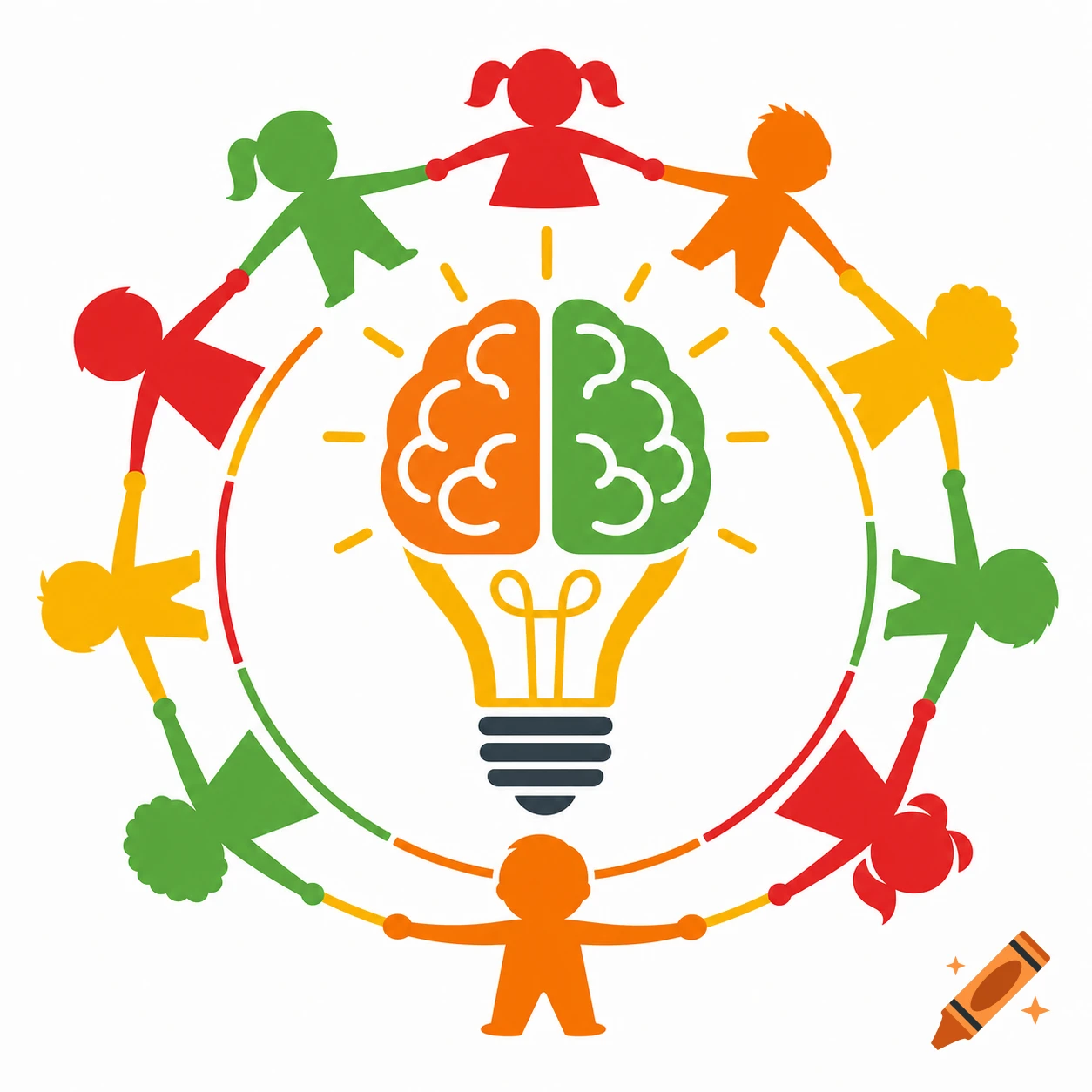 A flat vector logo of children holding hands in a circle around a glowing lightbulb with a brain inside, in orange, green, red, and yellow.