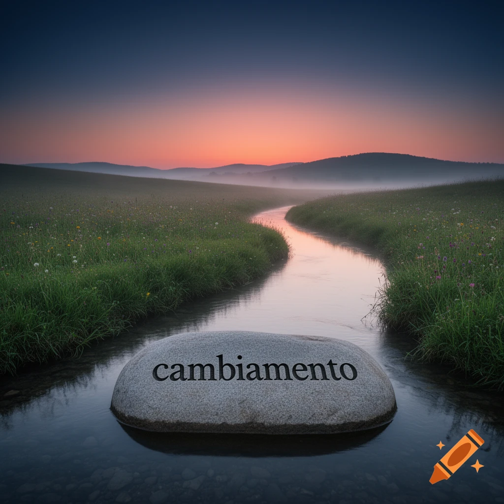 A scenic river flows through green fields and hills under a sunset, with a rock in the water featuring the word "cambiamento".