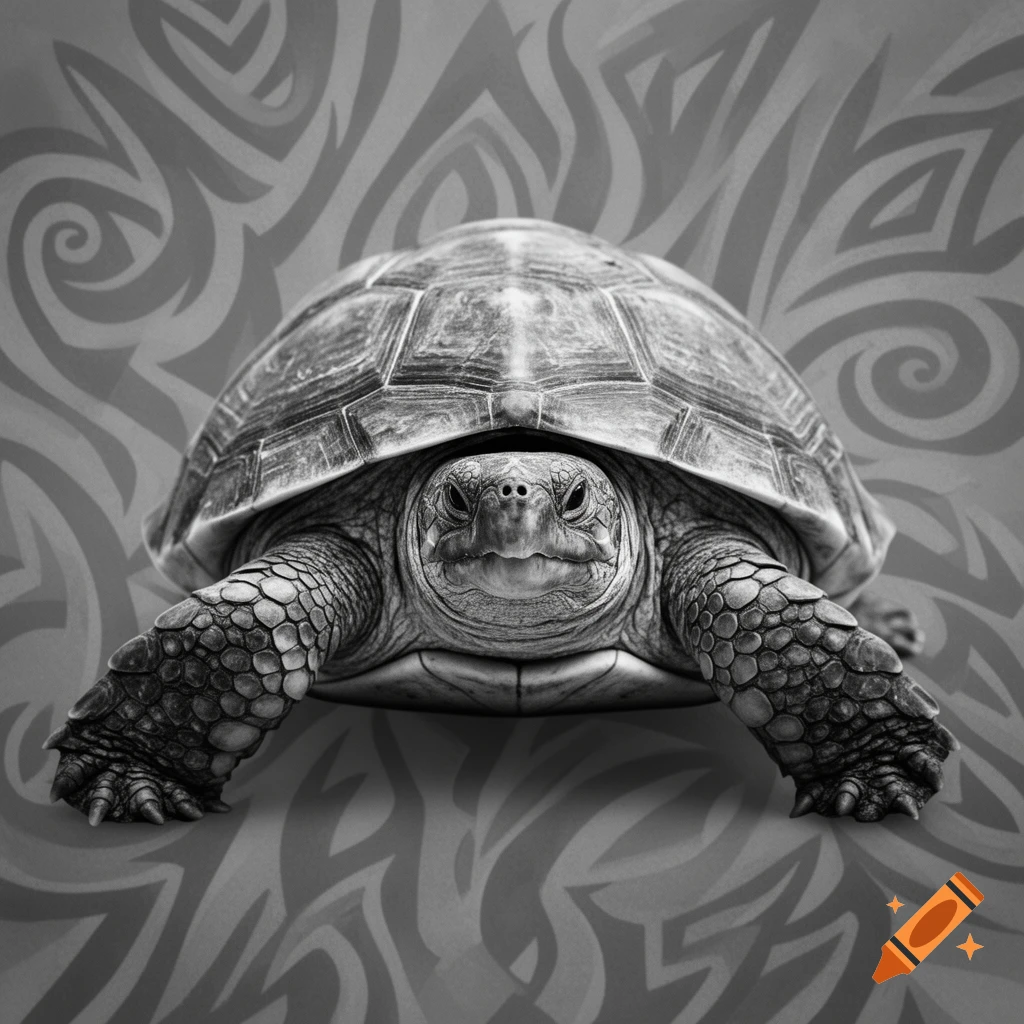 Black and white close-up of a turtle with a tribal pattern background.