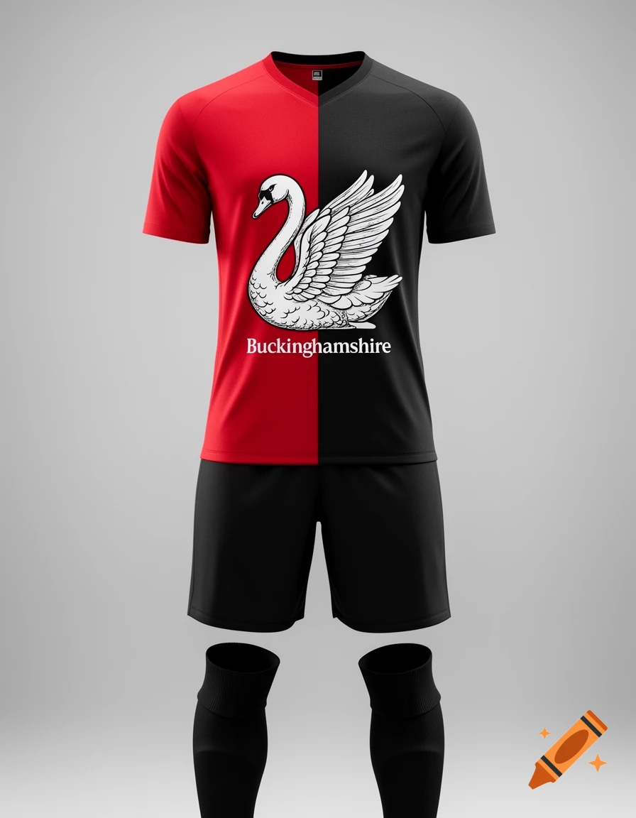 A red and black soccer uniform with a white swan emblem and 'Buckinghamshire' text on the shirt, black shorts, and socks.