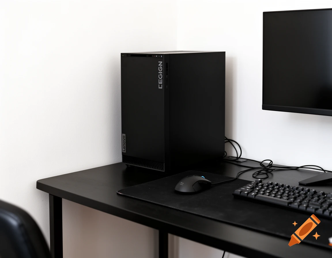 A black Lenovo Legion gaming PC tower on a dark desk with a mouse, keyboard, and partial monitor against a white wall.