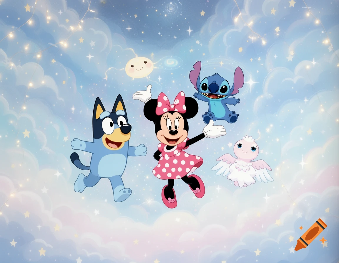Bluey, Minnie Mouse, Stitch, and Angel characters float in a whimsical, starry blue sky.