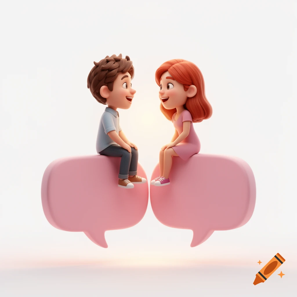 3D illustration of a cartoon man and woman sitting on pink speech bubbles, smiling and talking. White background.