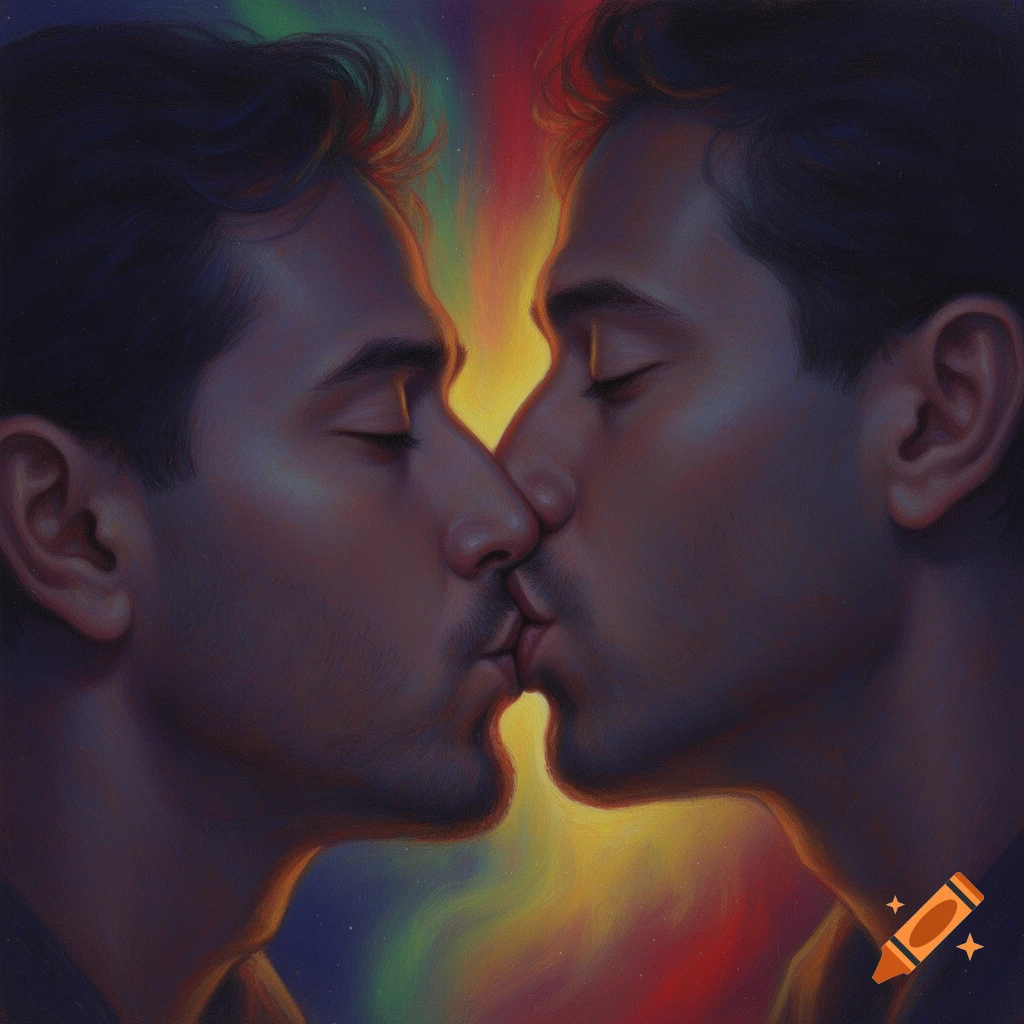 A painting of two men kissing with eyes closed, their faces illuminated by a vibrant, rainbow-colored background.