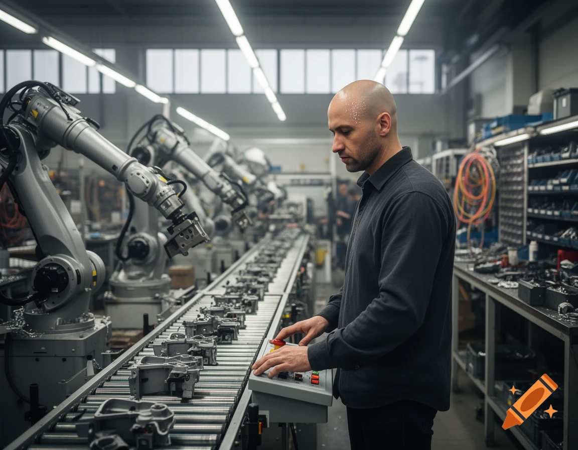 A bald man in a dark shirt operates a control panel next to a conveyor belt with robotic arms in a photorealistic factory setting.