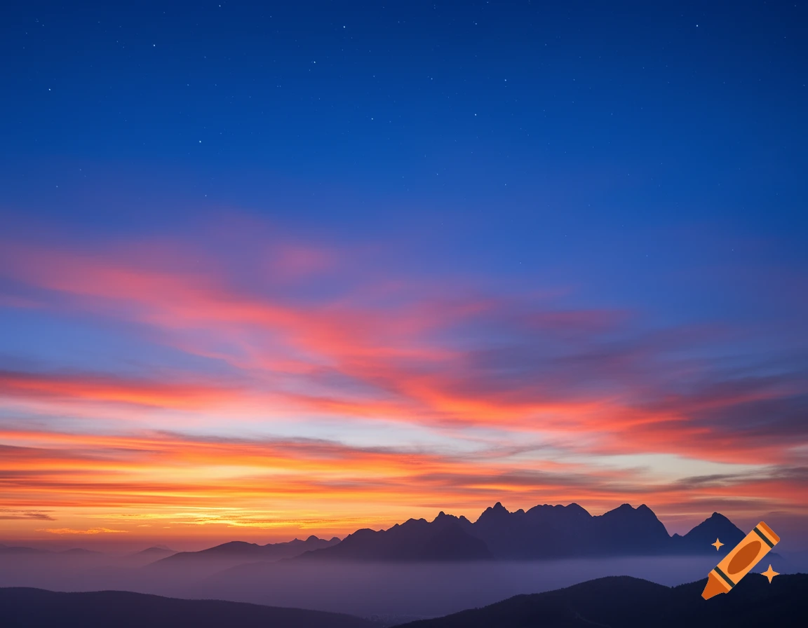 Vibrant orange and pink clouds at sunset over dark mountain silhouettes, with a deep blue sky and faint stars.