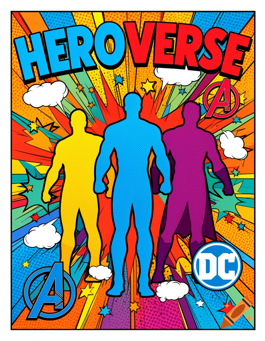 A vibrant pop art poster with three superhero silhouettes against an explosion background, text "HEROVERSE", and Avengers and DC logos.
