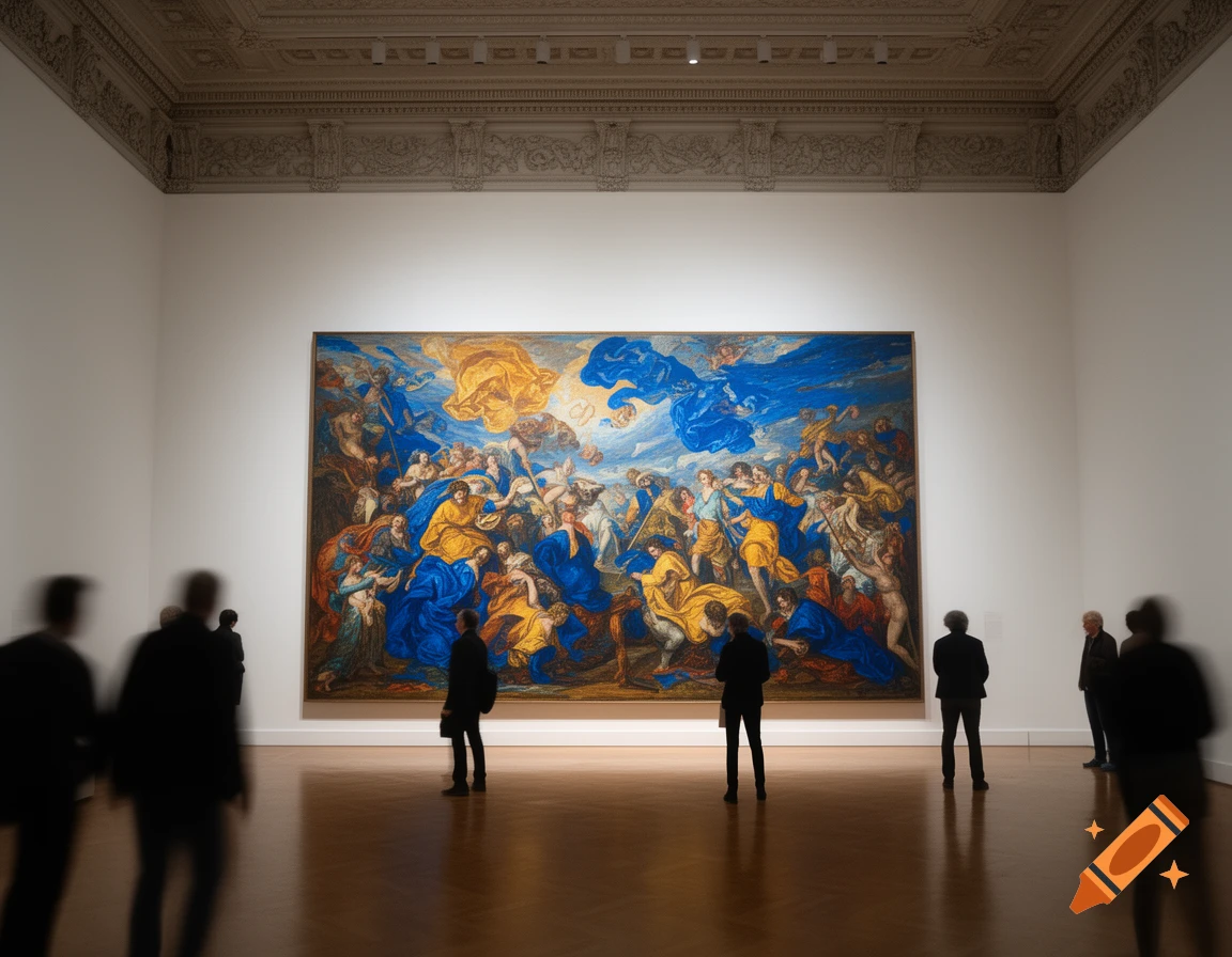 People view a large, colorful classical painting in a brightly lit art museum with high ceilings and wooden floors.