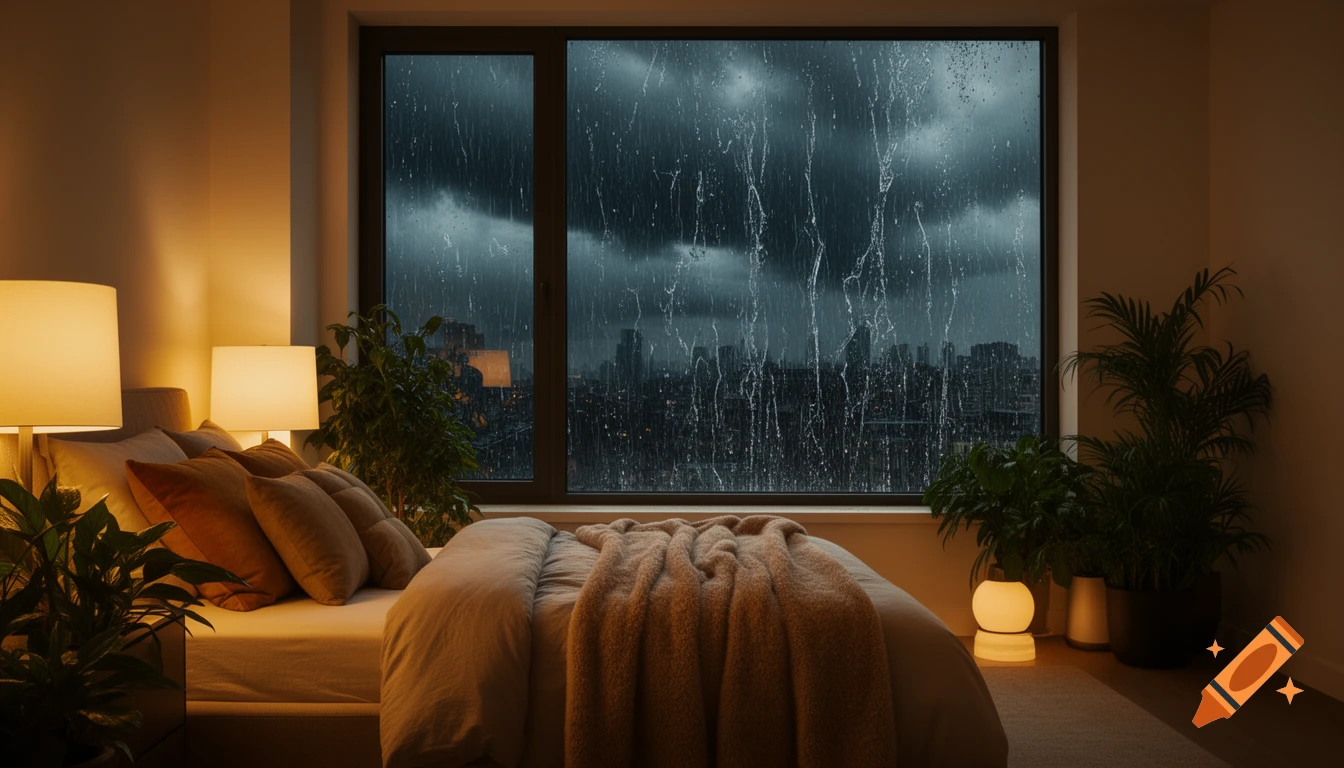 A cozy modern bedroom with warm golden light, looking out a large window at a dark, rainy city skyline at night.