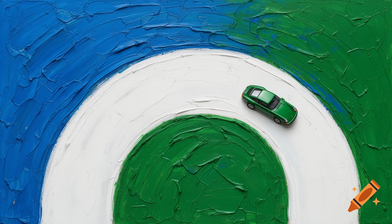 Bird's eye view of a green Porsche 911 model car on a white quarter-circle road, surrounded by thick textured blue and green paint.