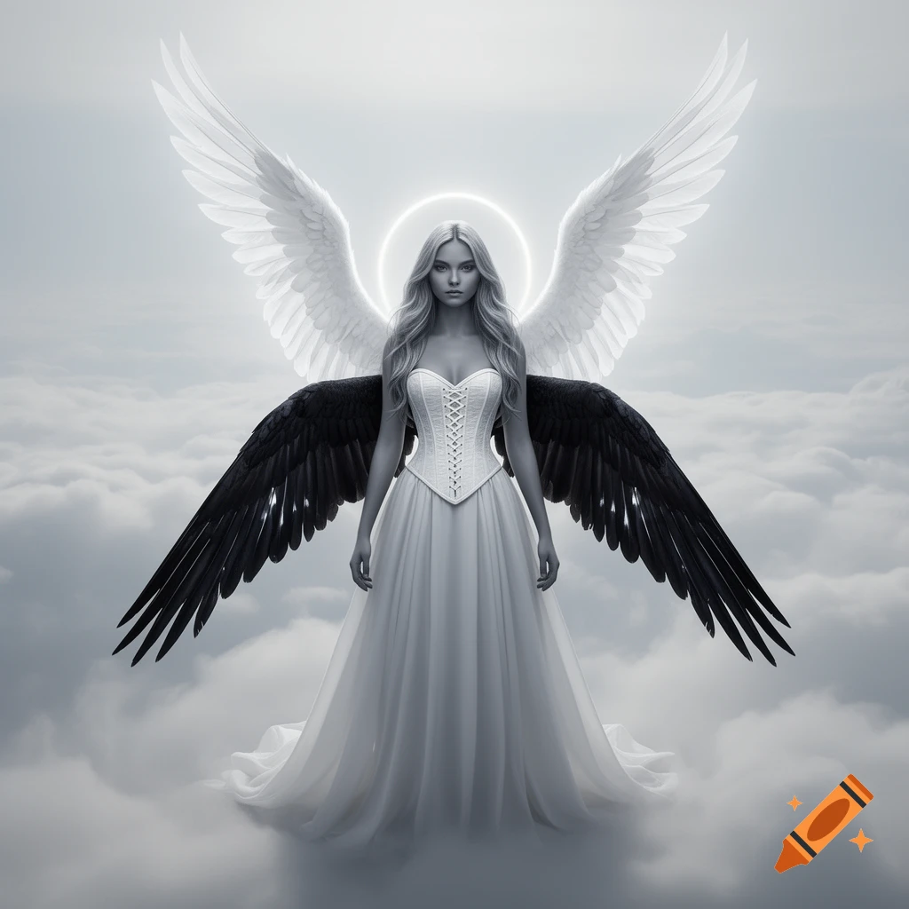 Blonde angel with white and black wings, white corset and skirt, stands in clouds with a halo, digital art.