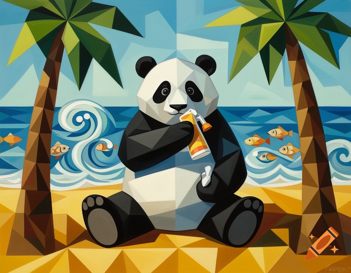 A cubist painting of a panda on a beach, applying sunscreen, with palm trees and fish in the waves.