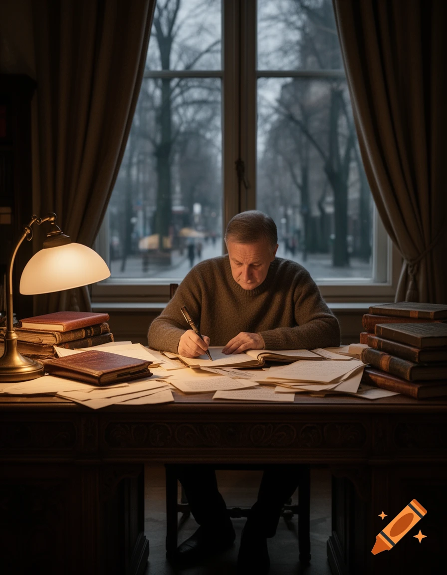 A man diligently writes at a wooden desk filled with papers and books, illuminated by a lamp, with a window view of a grey street.