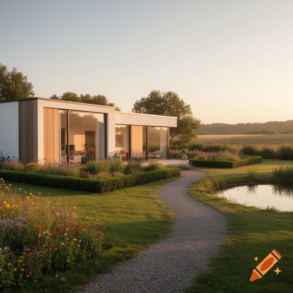 A modern white house with large glass windows and wood accents in a lush garden with a pond and gravel path at sunset.