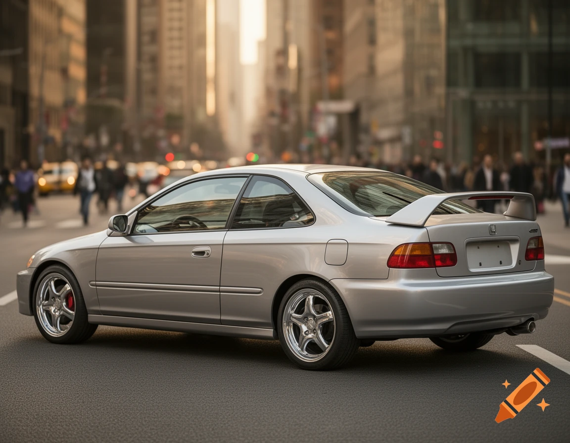 A silver Honda Civic coupe with a ducktail spoiler on a city street.