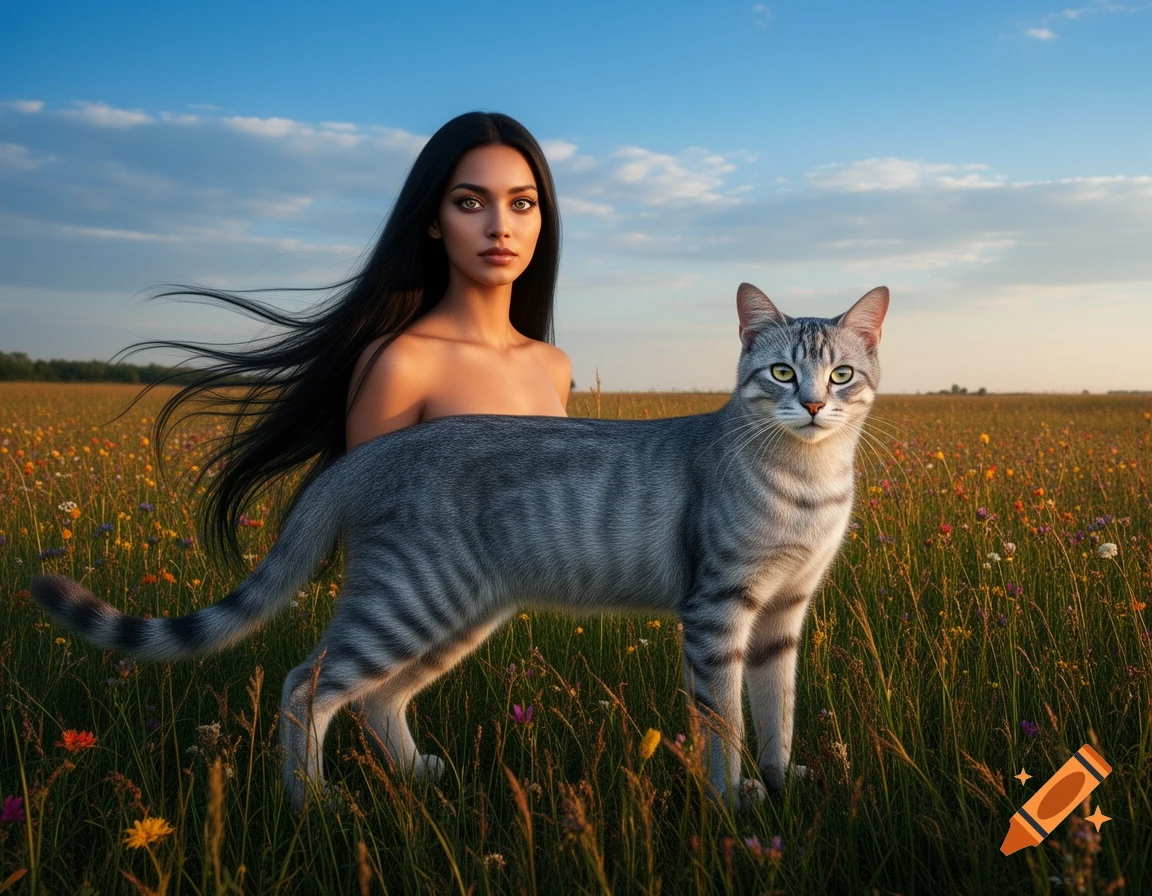 A photorealistic hybrid creature, half woman and half grey tabby cat, stands in a field of wildflowers under a blue sky.