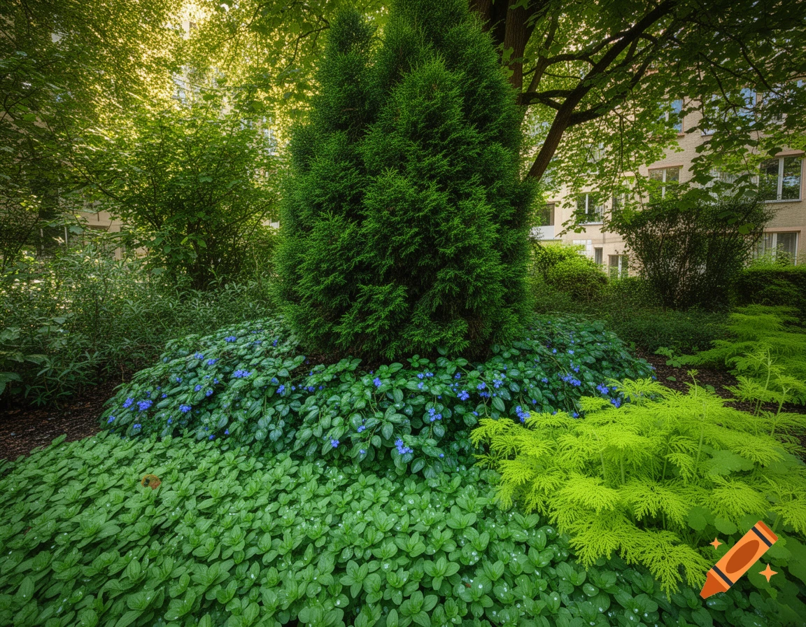 A lush, vibrant green garden bed features a tall, dark green conifer surrounded by smaller green plants and clusters of small blue flowers. Light filters through a tree canopy, with a building visible in the background.