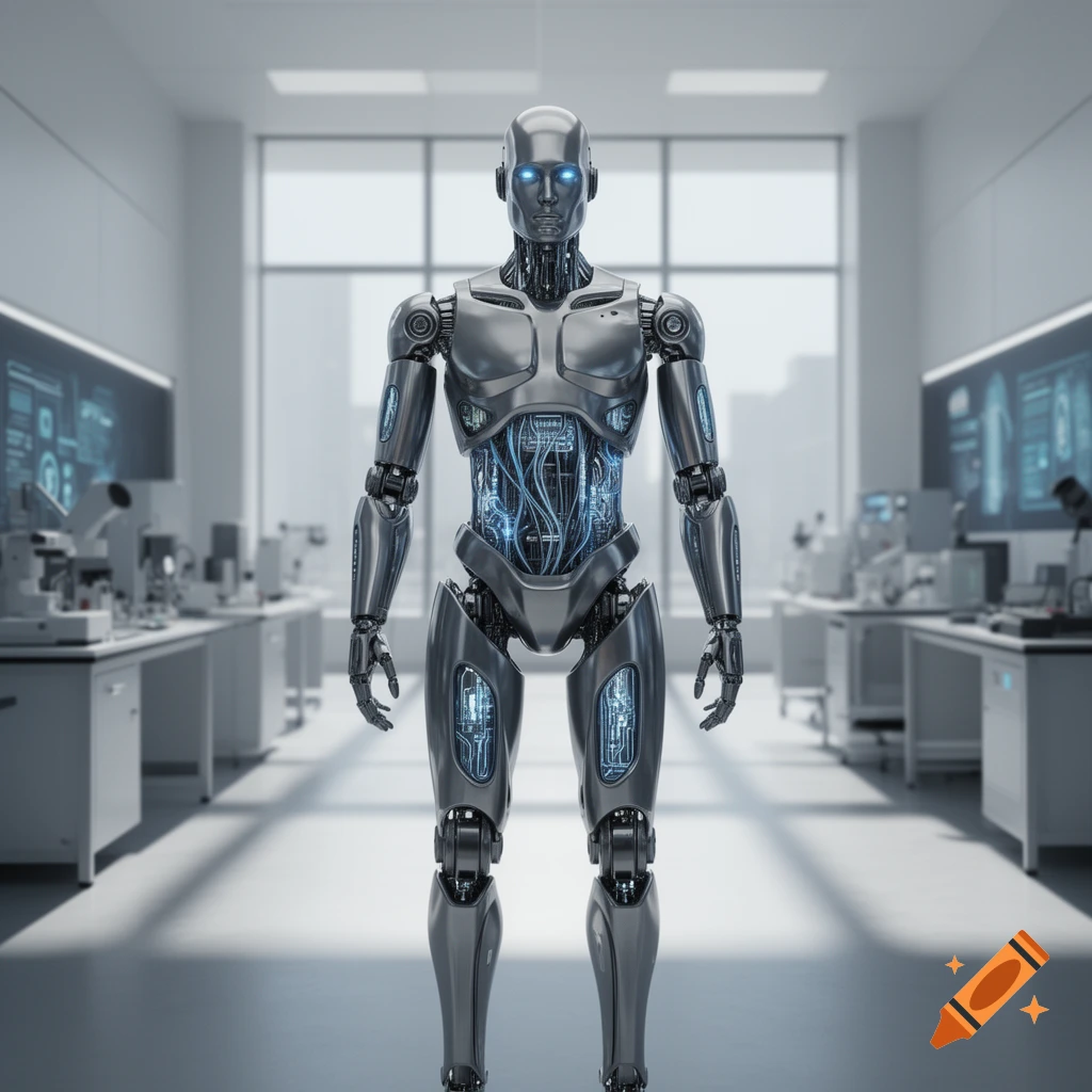 A metallic humanoid robot with glowing blue eyes and visible blue internal wiring stands in a brightly lit modern laboratory.