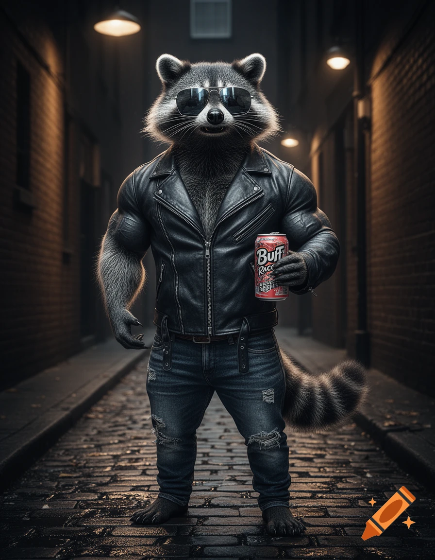 A muscular anthropomorphic raccoon wearing sunglasses, a leather jacket, and ripped jeans, holding an energy drink in a dark, wet alley.