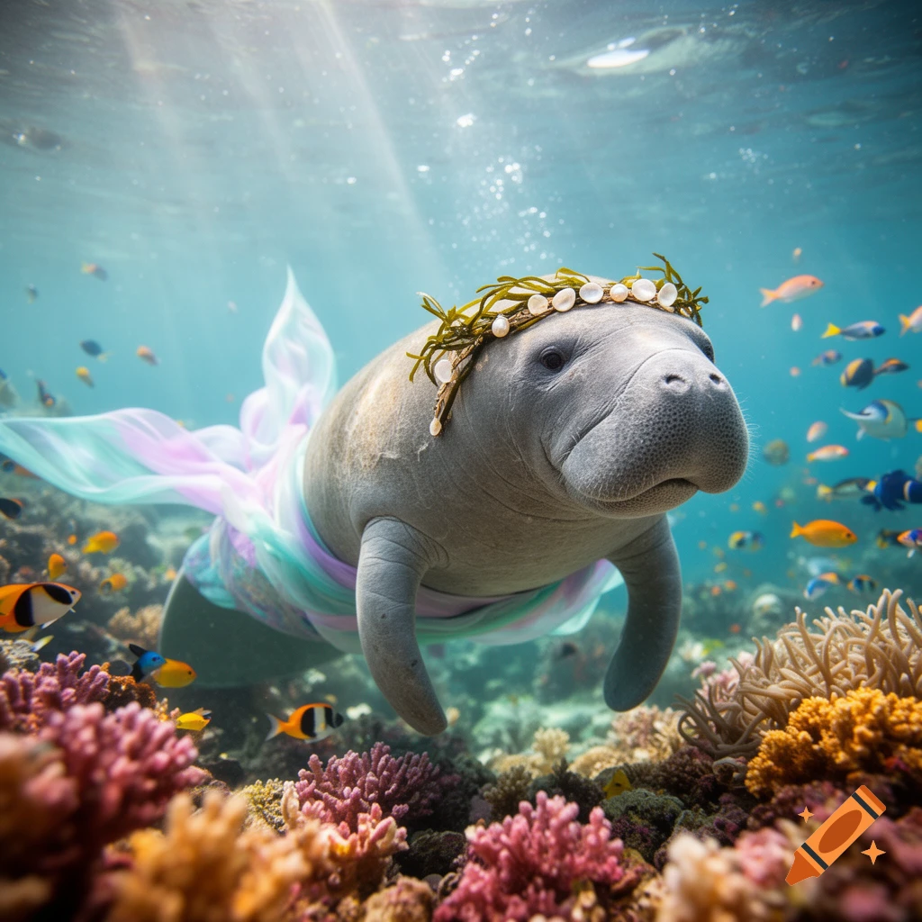 Photorealistic image of a manatee wearing a seaweed and pearl crown and a colorful mermaid tail, swimming in a vibrant coral reef with fish.