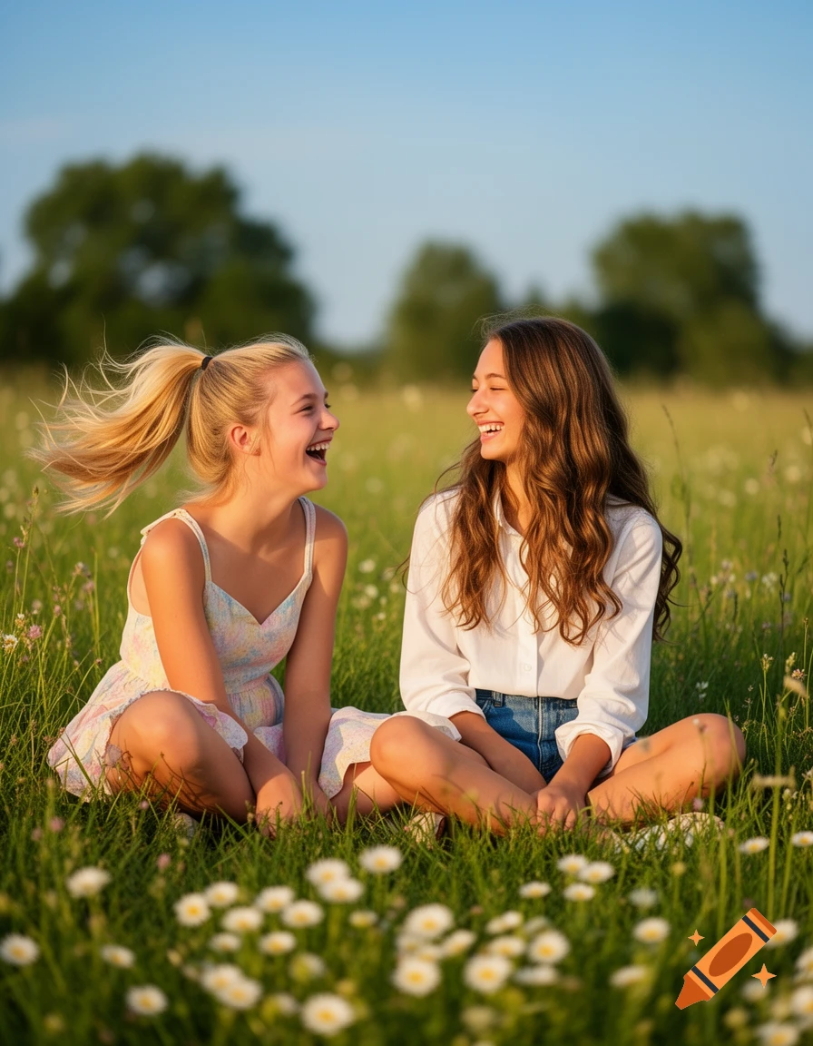 Two young girls sit cross-legged and laugh happily in a sunny field with green grass and white wildflowers.