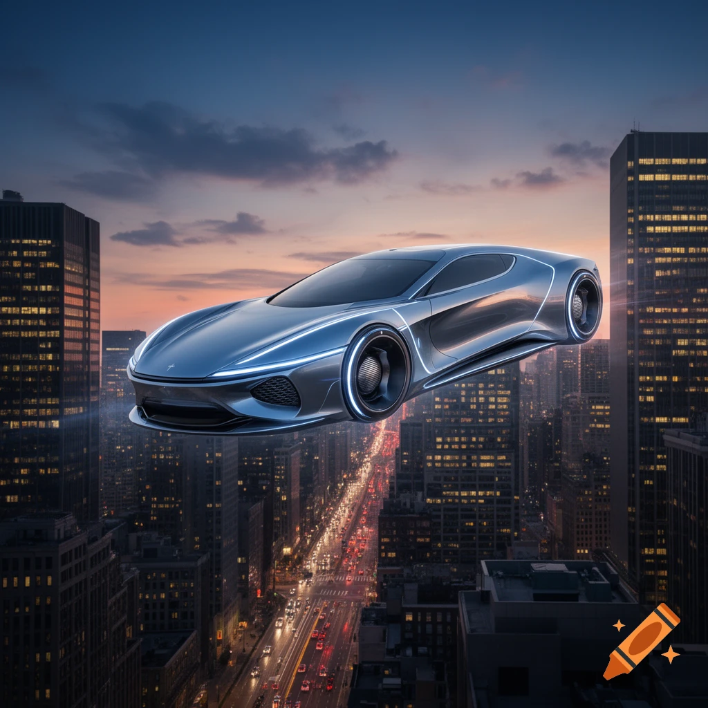 A sleek, silver futuristic flying car hovers over a bustling cityscape at dusk, with glowing streetlights below.