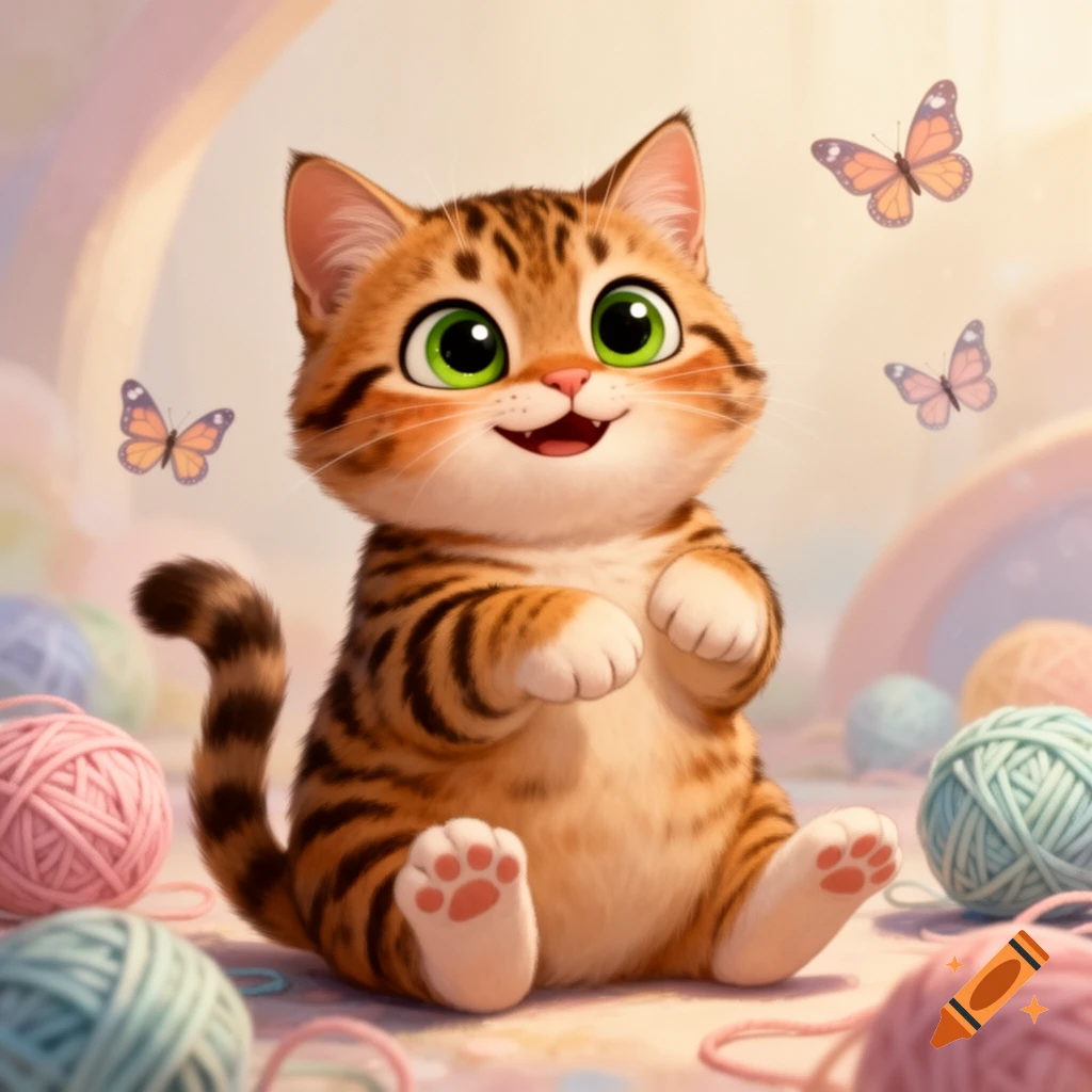 A cute, smiling cartoon tabby cat with big green eyes sits among colorful yarn balls, with butterflies fluttering around in a soft, bright setting.