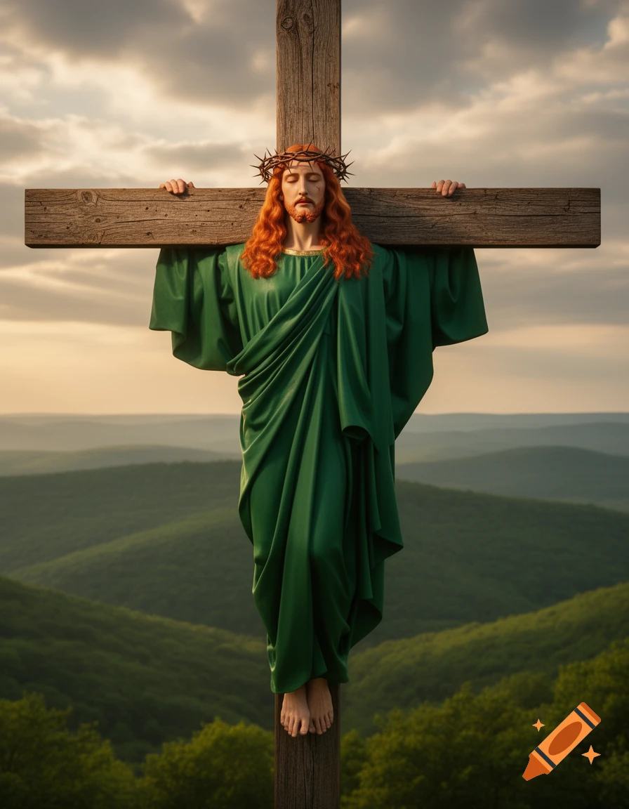 A red-haired Jesus in green robes and a crown of thorns stands on a wooden cross overlooking a vast mountainous landscape under a cloudy sky.