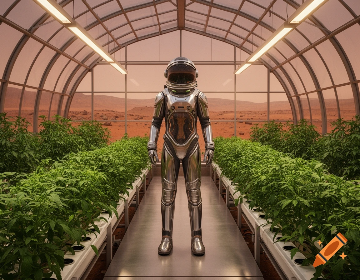 A photorealistic image of an astronaut in a metallic suit standing in a greenhouse filled with green plants on Mars.