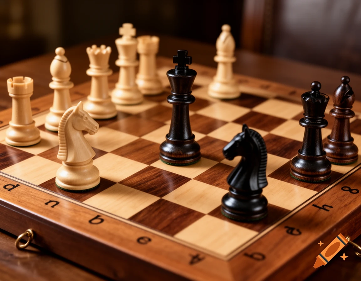 Close-up of a wooden chessboard with light and dark chess pieces in a game in progress. The light knight is prominent in the foreground.
