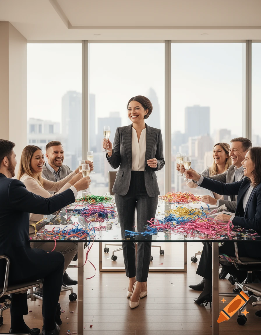 A group of business professionals celebrating with champagne and confetti at a glass table in a modern office with large windows.