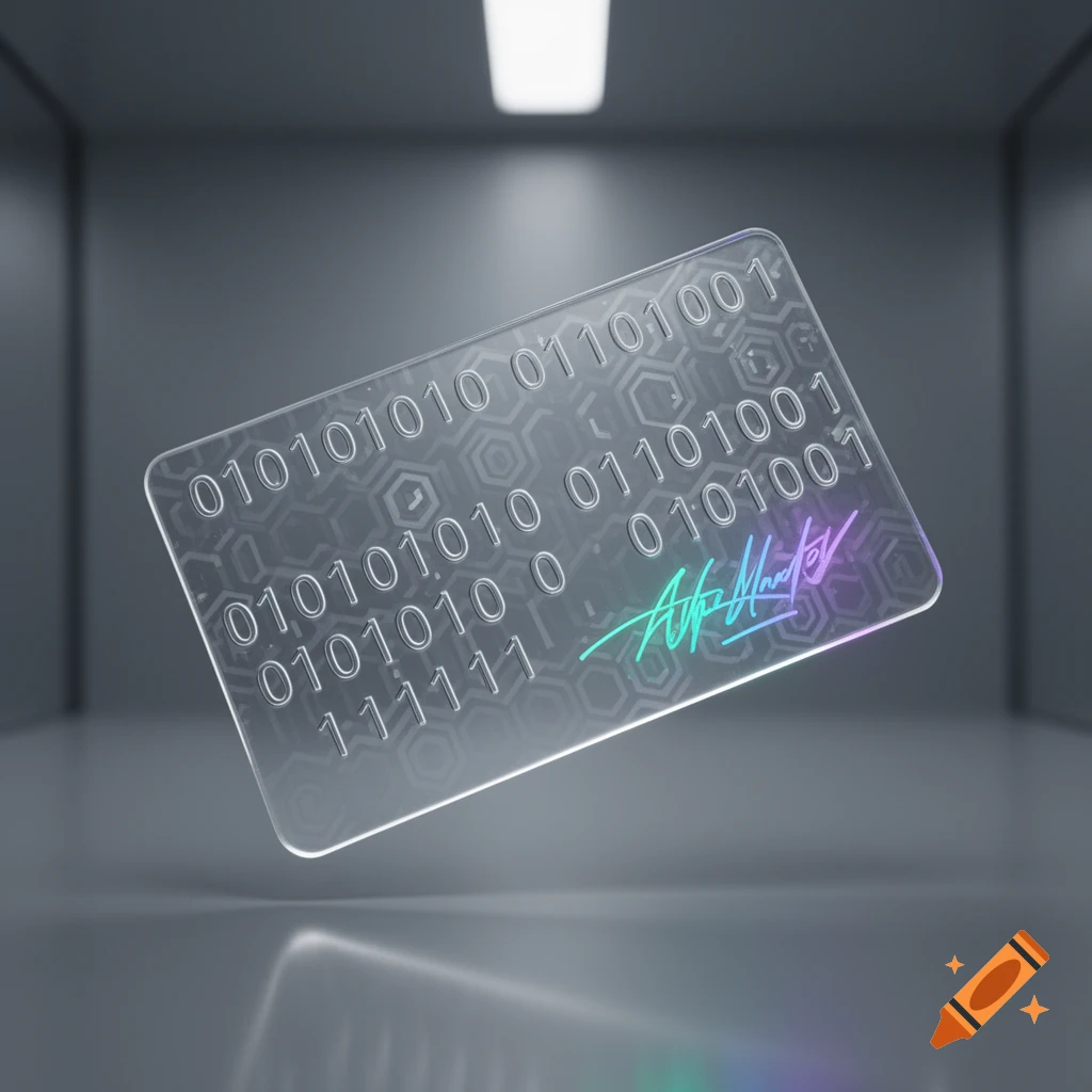 Translucent digital ID card with binary code and colorful stylized signature, floating in a minimalist grey room.