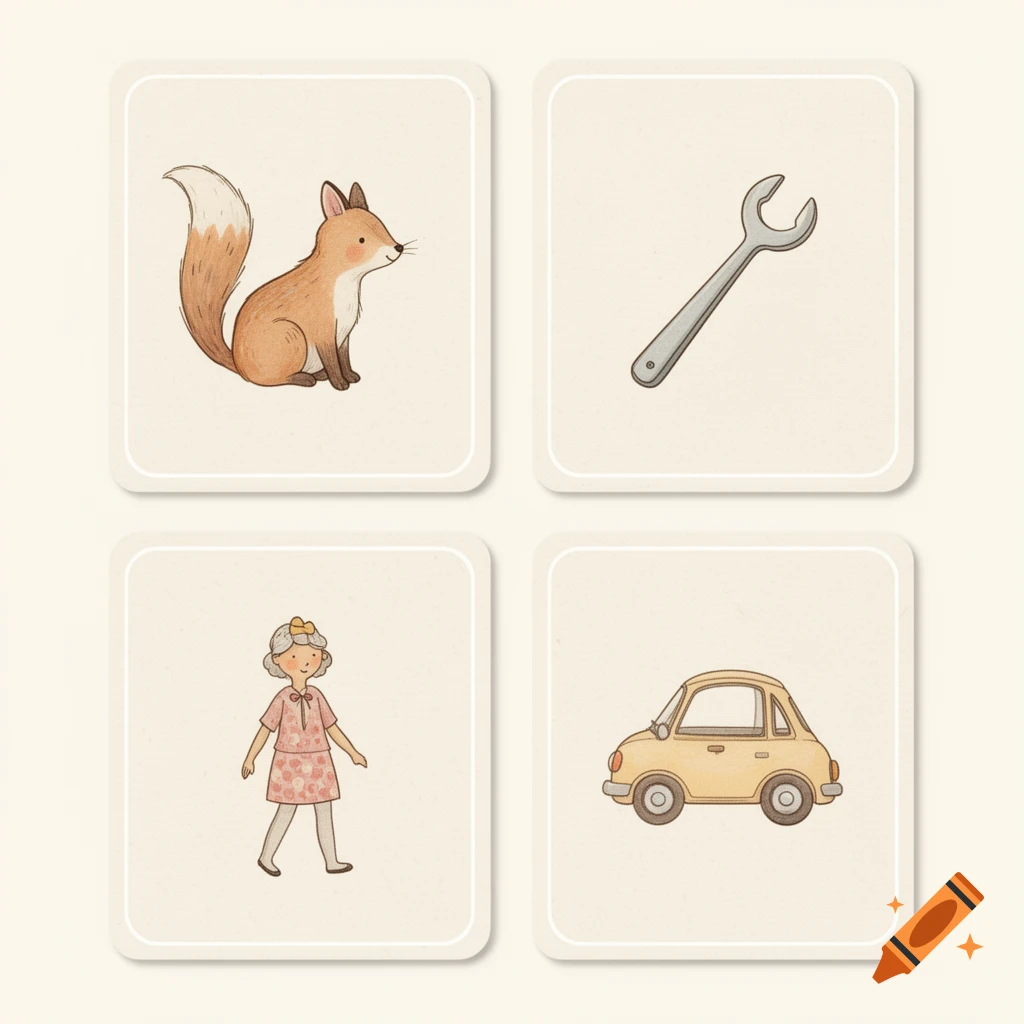 Four illustrated playing cards in a children's book style, featuring a fox, a wrench, an old woman, and a yellow car.