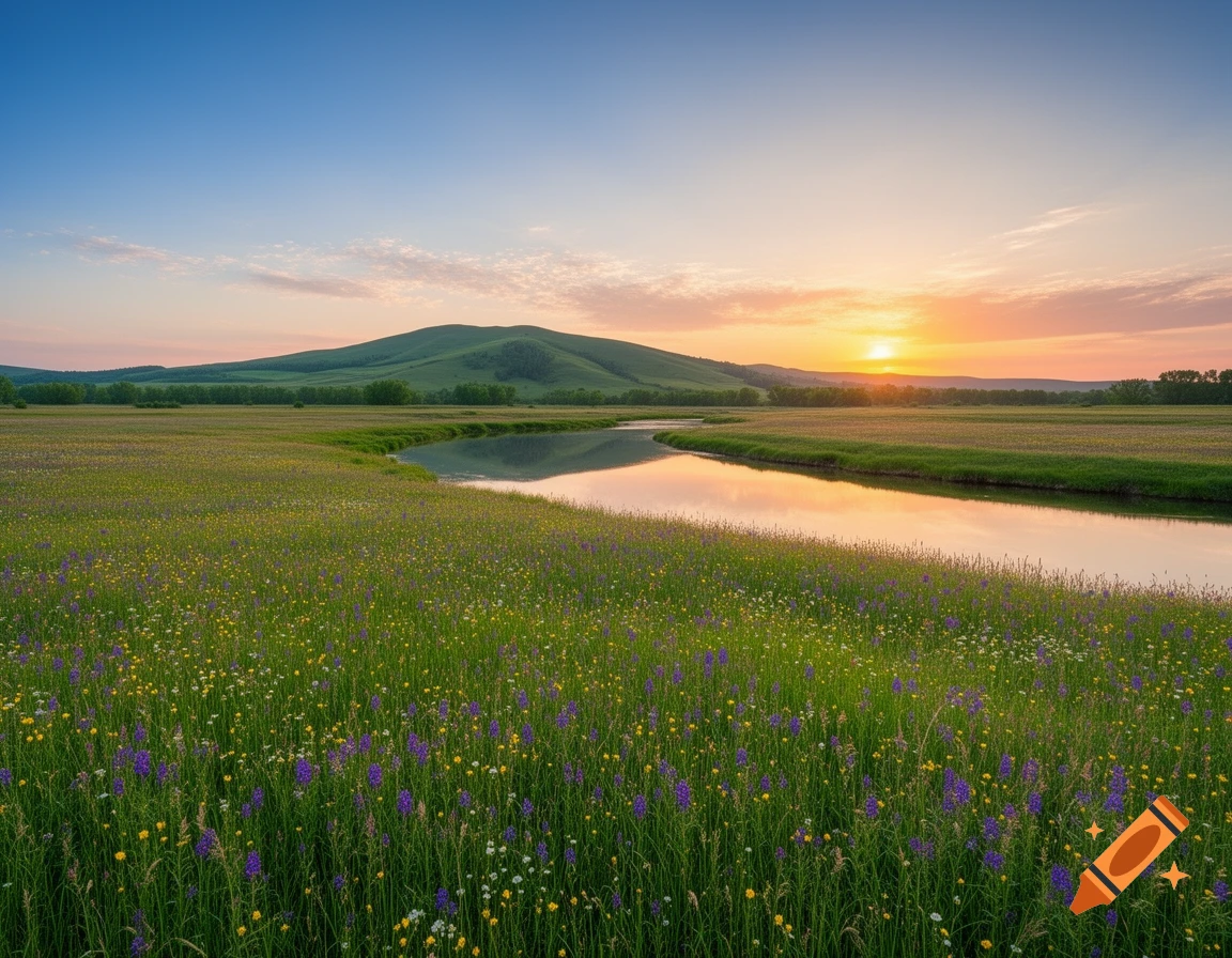 A winding river flows through a vast green meadow filled with ...