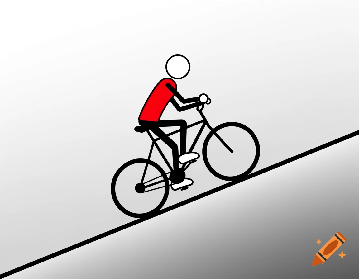 A simple vector illustration of a red-shirted stick figure on a black bicycle, with feet off pedals, going down a white and grey gradient slope.