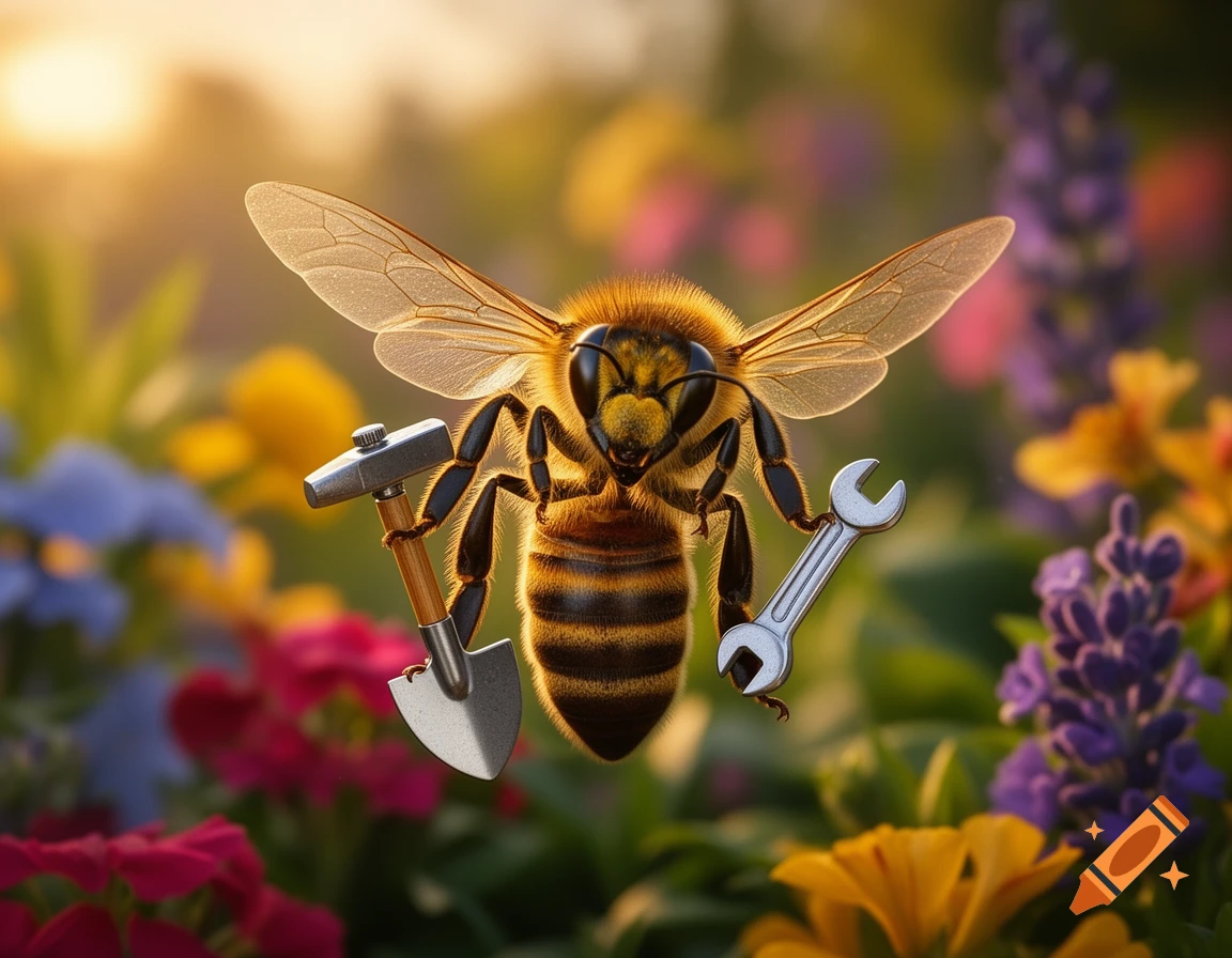 A photorealistic busy bee hovers in a vibrant garden, holding a small shovel and a wrench.