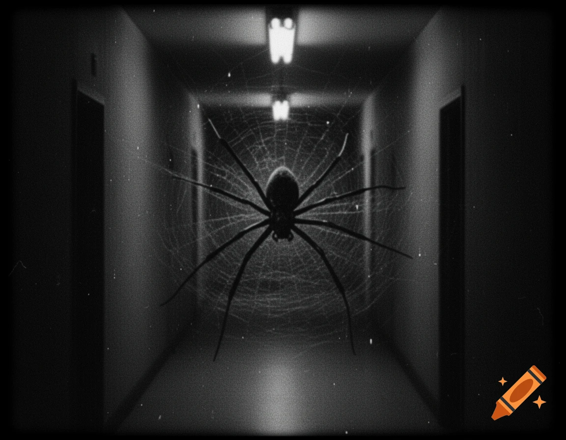 A large spider on a web in a dark, grainy monochrome hallway with overhead lights, resembling security footage.